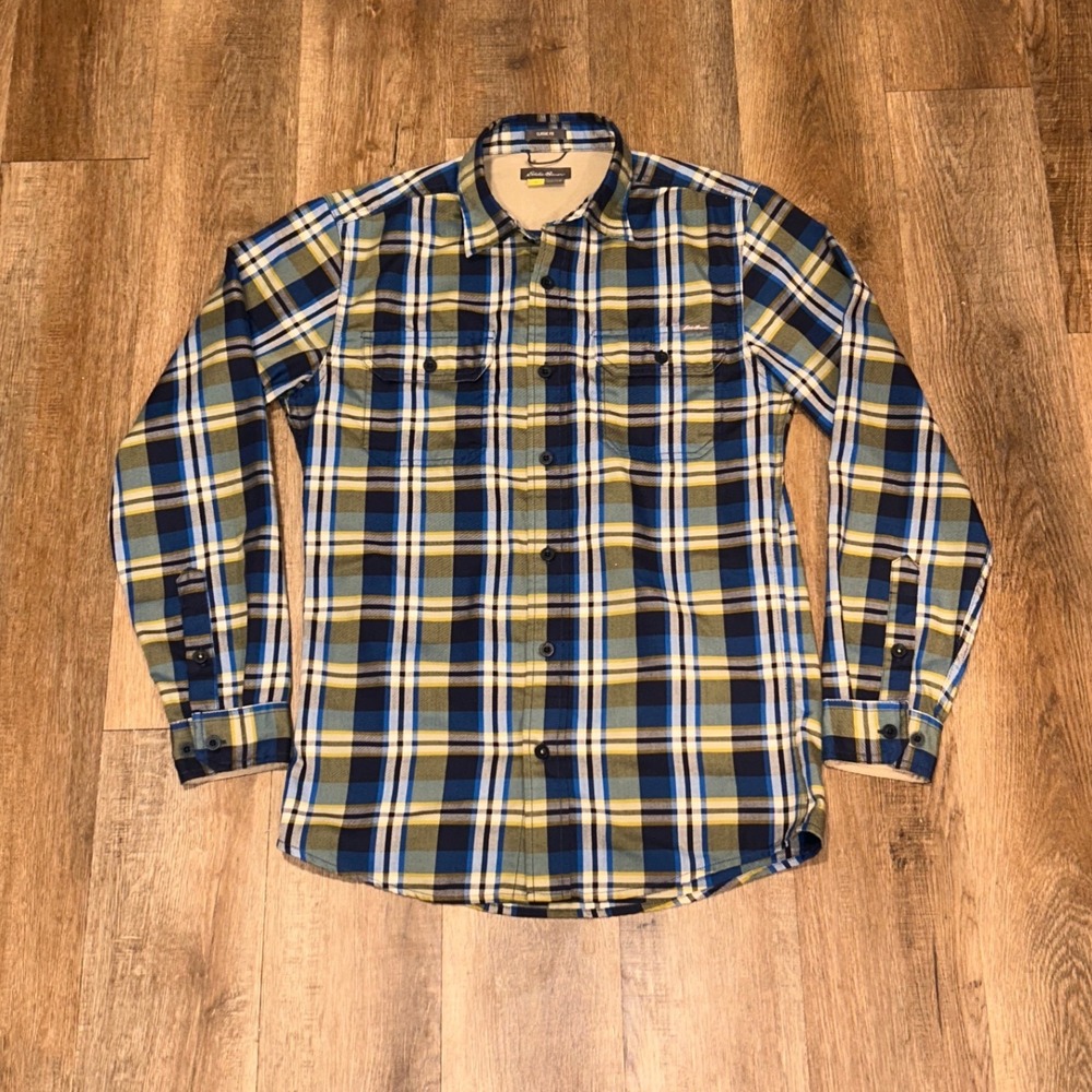 Eddie Bauer Mens Small Classic Fit Plaid Button Up Shirt Blue Green Polyester